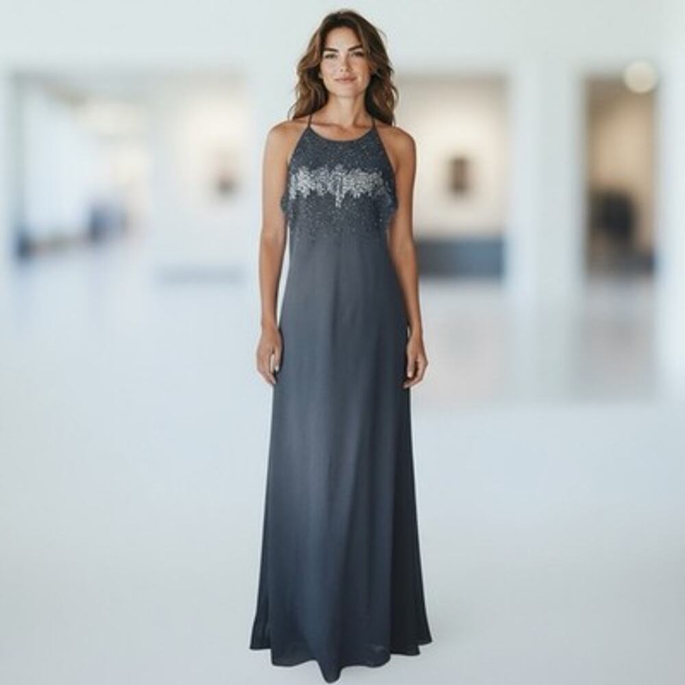 Vintage Cachet Black Sequin Formal Maxi Gown Women's 12 Sleeveless Boat Neck